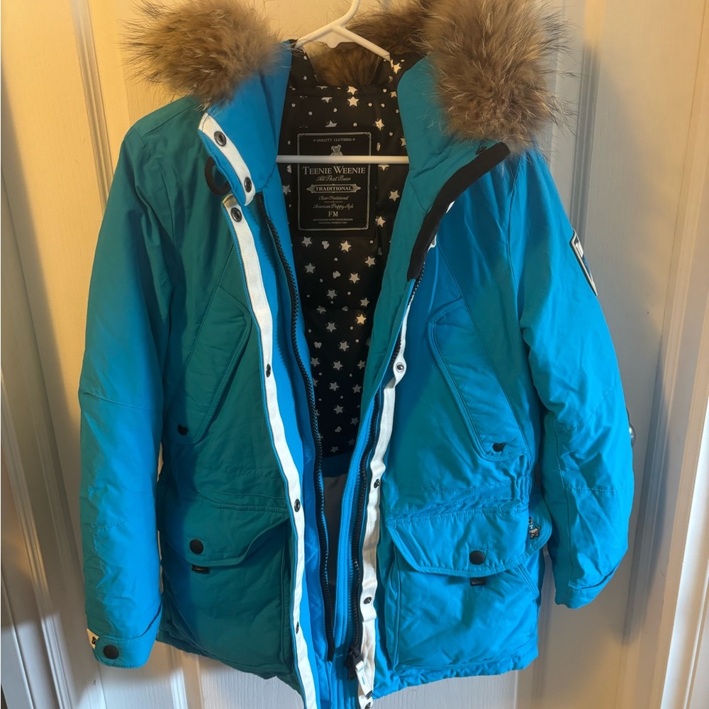 Teenie Weenie Turquoise Puffer Jacket with Faux Fur Trim